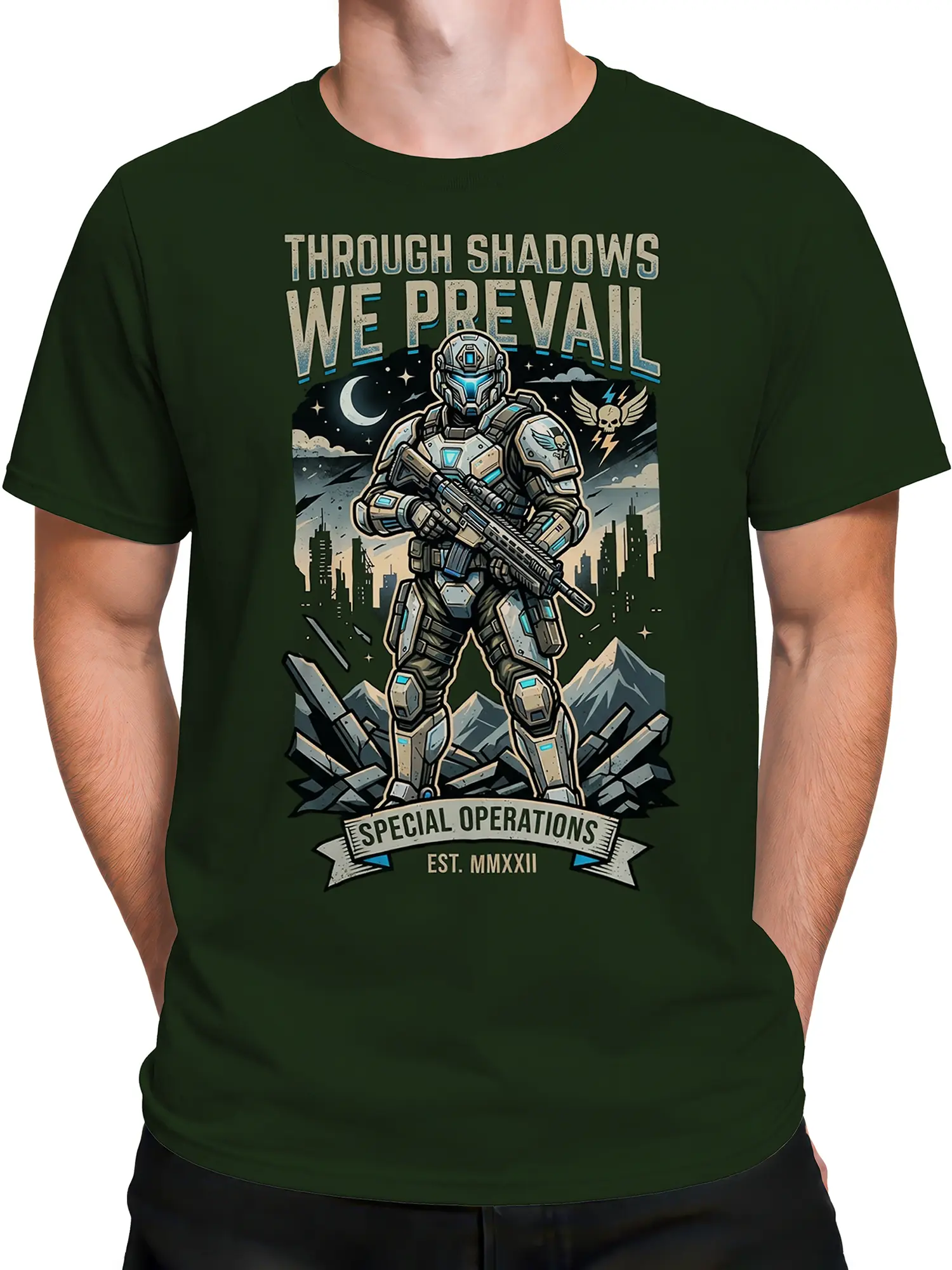 Male torso wearing forest green T-shirt with armored soldier, rifle, and moonlit warrior artwork