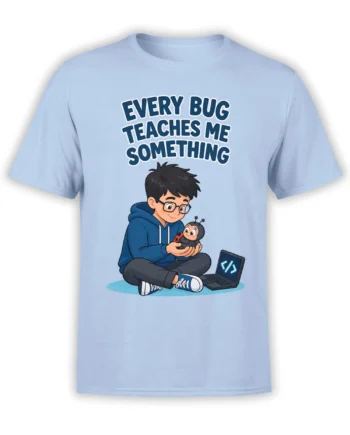 Light blue programmer T-shirt with a young coder, ladybug, laptop, and “Every Bug Teaches Me Something” design