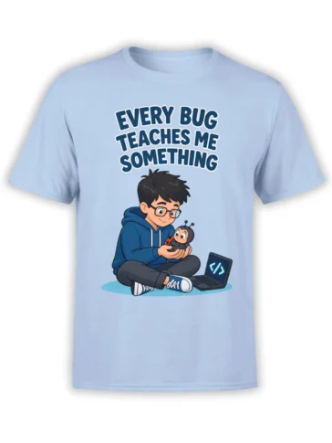 Light blue programmer T-shirt with a young coder, ladybug, laptop, and “Every Bug Teaches Me Something” design