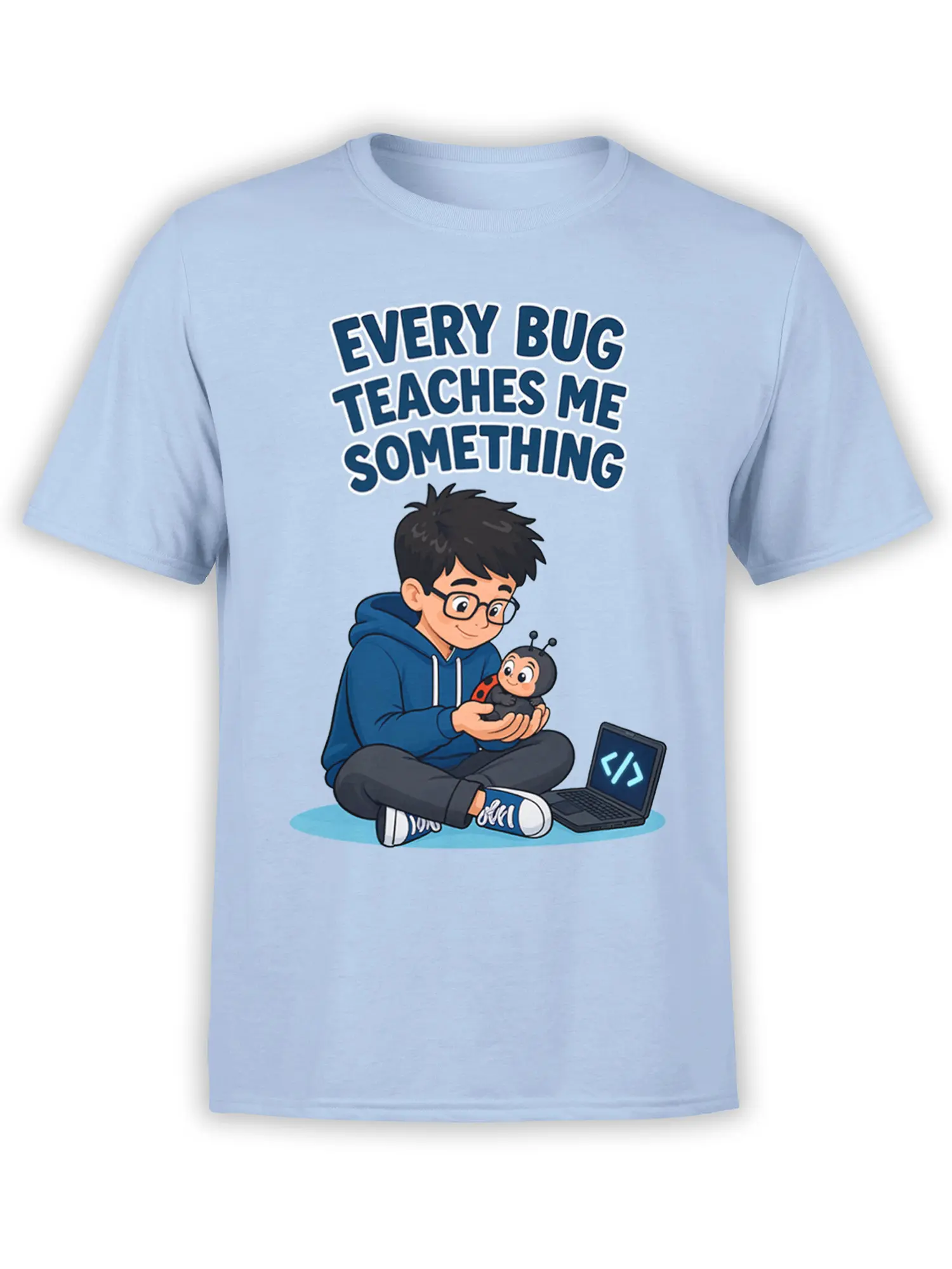 Light blue programmer T-shirt with a young coder, ladybug, laptop, and “Every Bug Teaches Me Something” design