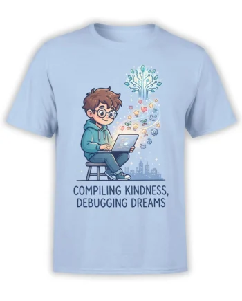 Light blue programmer T-shirt with a young coder, circuit tree, and Compiling Kindness message