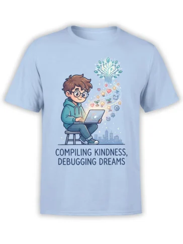 Light blue programmer T-shirt with a young coder, circuit tree, and Compiling Kindness message