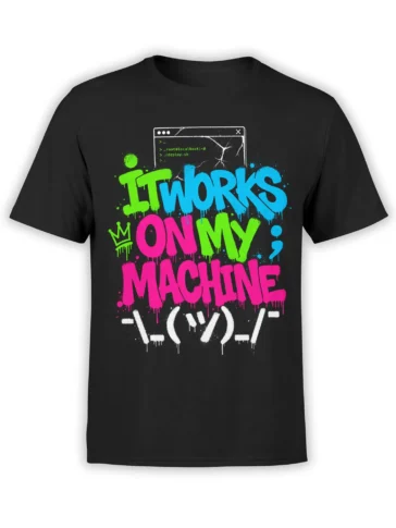 Black programmer T-shirt with colorful dripping “It Works on My Machine” text and a cracked terminal design