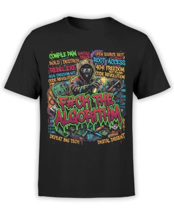 Black programmer T-shirt with masked hacker, neon graffiti text, circuit boards, and binary code