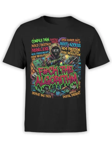 Black programmer T-shirt with masked hacker, neon graffiti text, circuit boards, and binary code