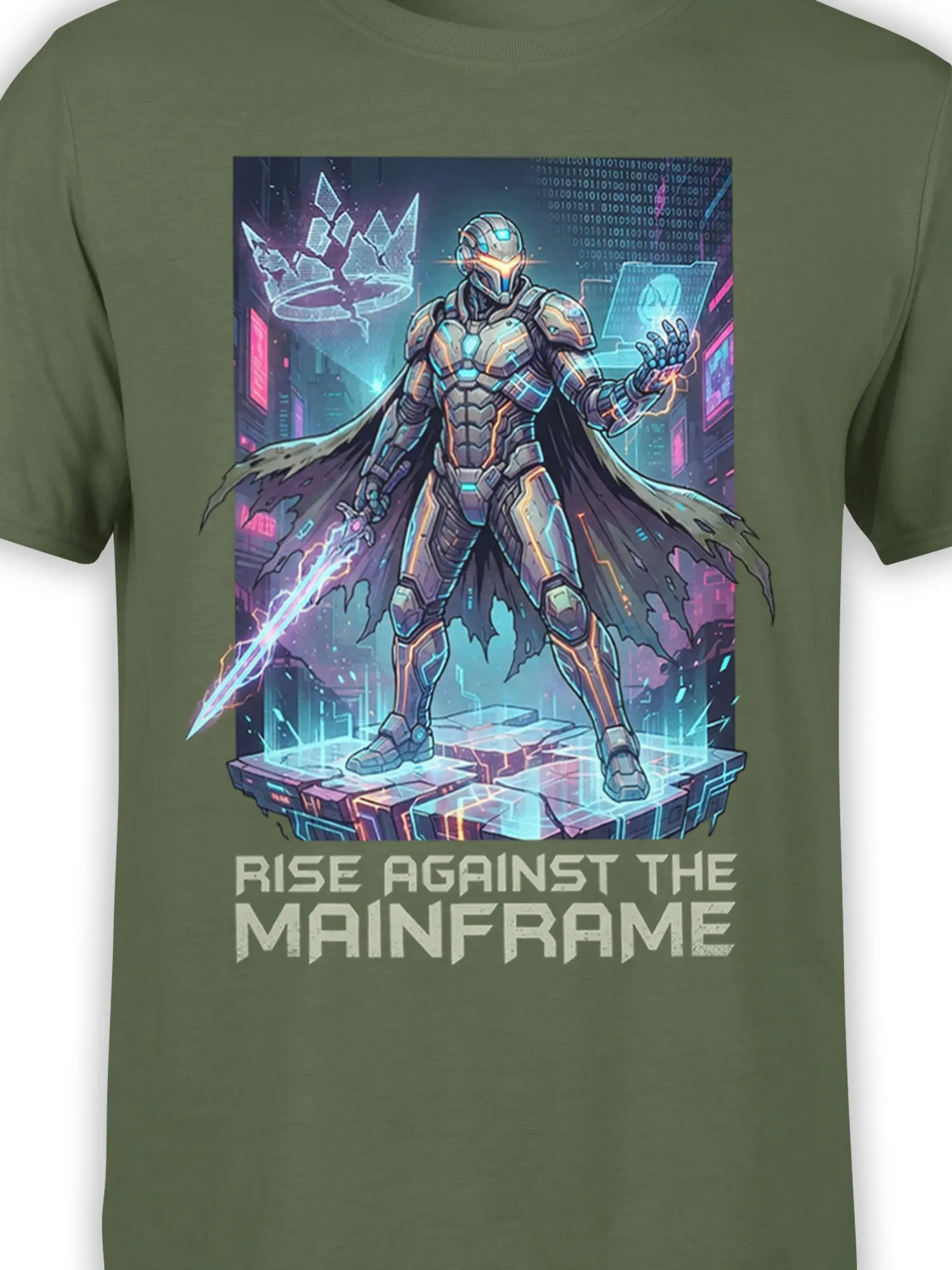 Close-up of futuristic robot armor, energy sword, neon city, and rebellion text on a green shirt