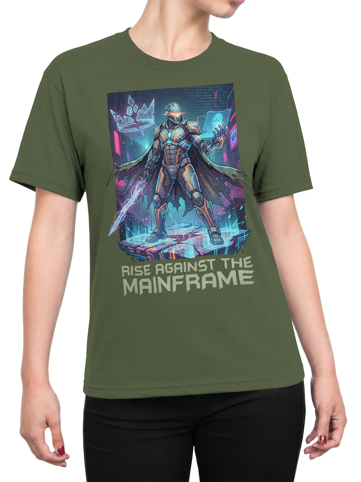 Female torso wearing a green robot T-shirt with neon cyberpunk warrior artwork and rebellion message