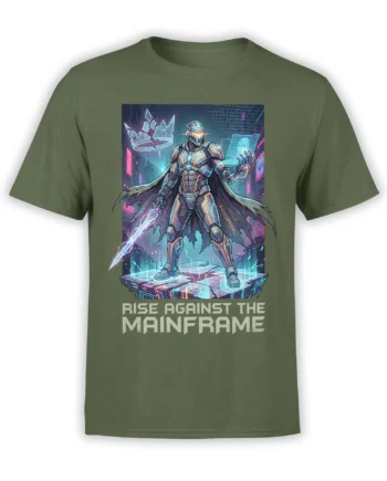 Armored robot warrior with glowing sword and mainframe rebellion text on a green T-shirt