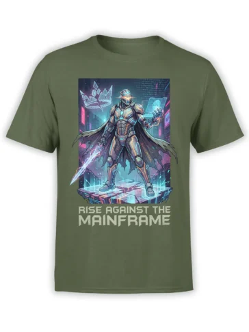 Armored robot warrior with glowing sword and mainframe rebellion text on a green T-shirt