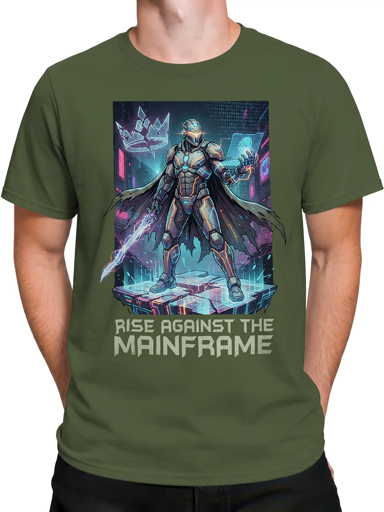 Male torso wearing a green robot T-shirt with futuristic warrior and mainframe artwork