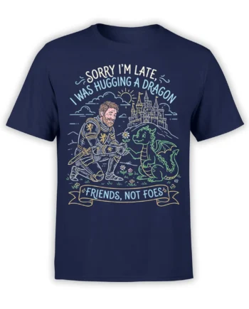 Navy fantasy T-shirt showing an armored knight hugging a friendly green dragon beside a castle