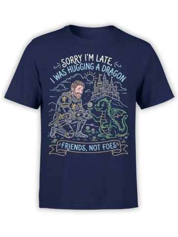Navy fantasy T-shirt showing an armored knight hugging a friendly green dragon beside a castle