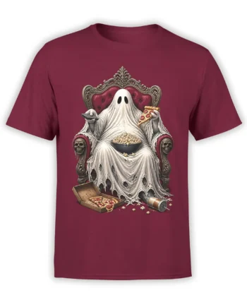 Burgundy T-shirt with a ghost on an ornate throne holding pizza, popcorn, and a remote