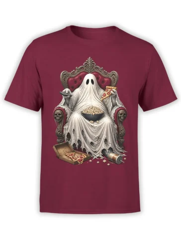 Burgundy T-shirt with a ghost on an ornate throne holding pizza, popcorn, and a remote