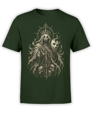 Deep green T-shirt with a crowned skeletal ruler, sword, halo, mask, and four skulls in gothic artwork