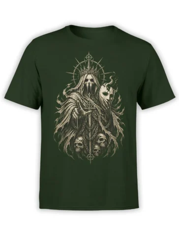 Deep green T-shirt with a crowned skeletal ruler, sword, halo, mask, and four skulls in gothic artwork