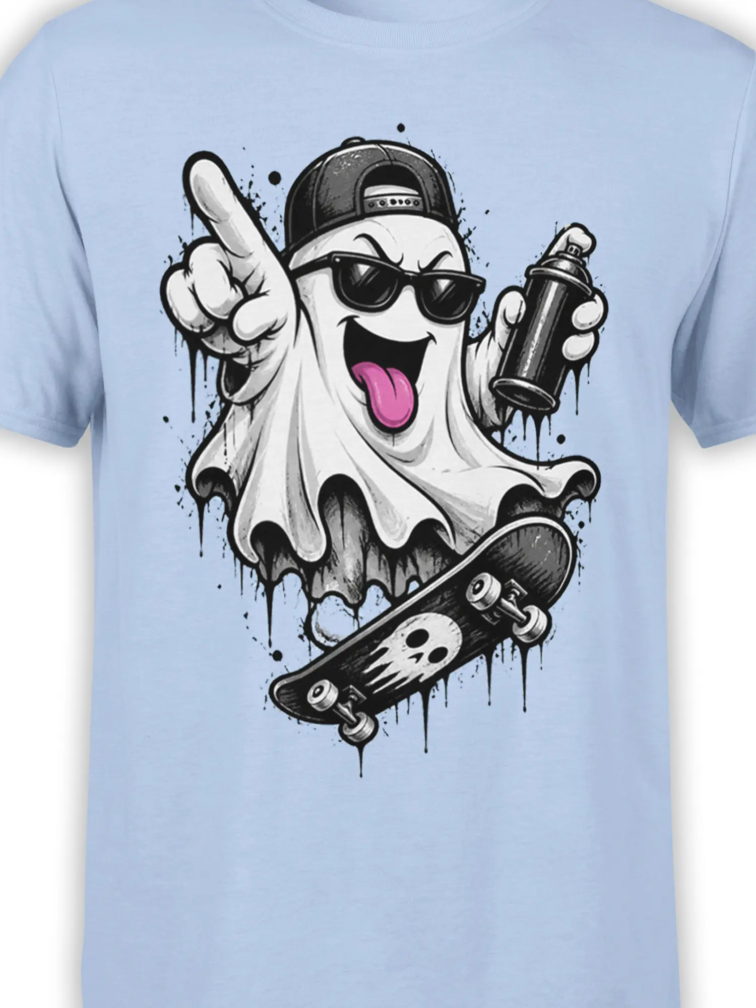 Close-up of ghost skateboard graphic with sunglasses, spray can, pink tongue, and dripping artwork