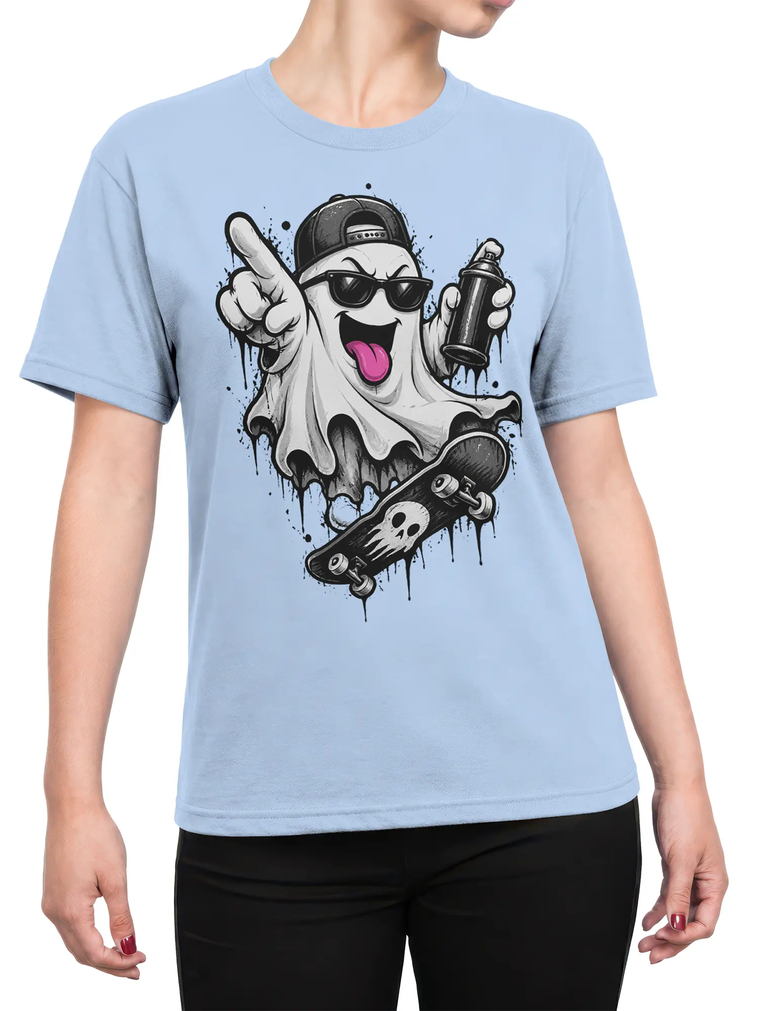 Female torso wearing a light blue ghost skateboard T-shirt with sunglasses, spray can, and skull board graphic