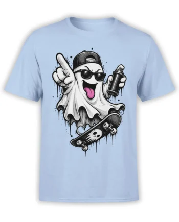 Light blue T-shirt with a mischievous ghost in sunglasses, holding spray paint beside a skull skateboard