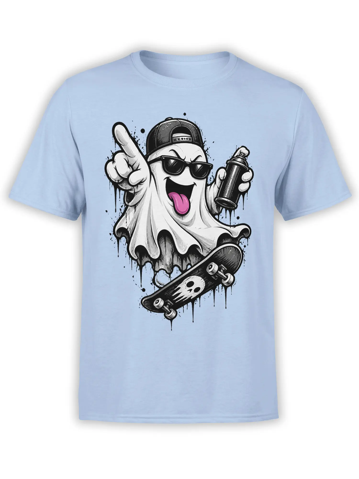 Light blue T-shirt with a mischievous ghost in sunglasses, holding spray paint beside a skull skateboard