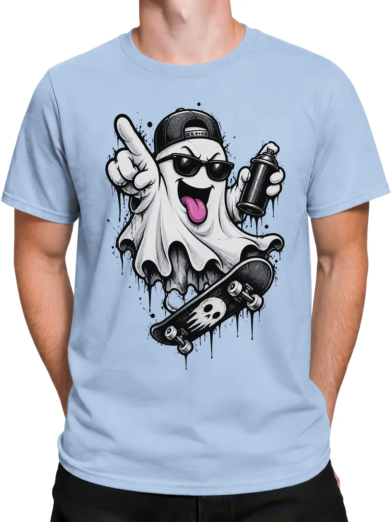 Male torso wearing a light blue T-shirt with a mischievous ghost and skateboard street-art graphic