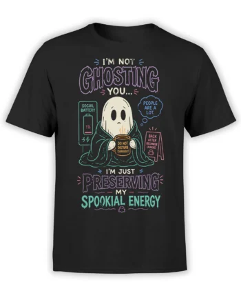 Black ghost t-shirt with a blanket-wrapped ghost, warm mug, 1% social battery, and spooky energy message