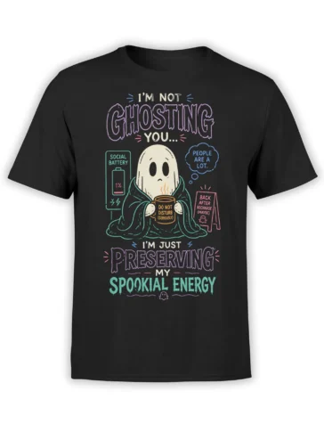 Black ghost t-shirt with a blanket-wrapped ghost, warm mug, 1% social battery, and spooky energy message