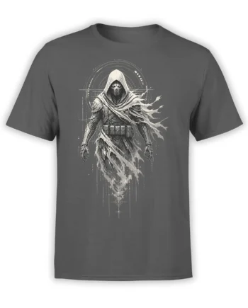 Hooded skeletal warrior with torn cloak and geometric markings on a gray fantasy T-shirt