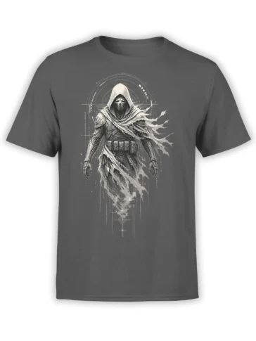 Hooded skeletal warrior with torn cloak and geometric markings on a gray fantasy T-shirt