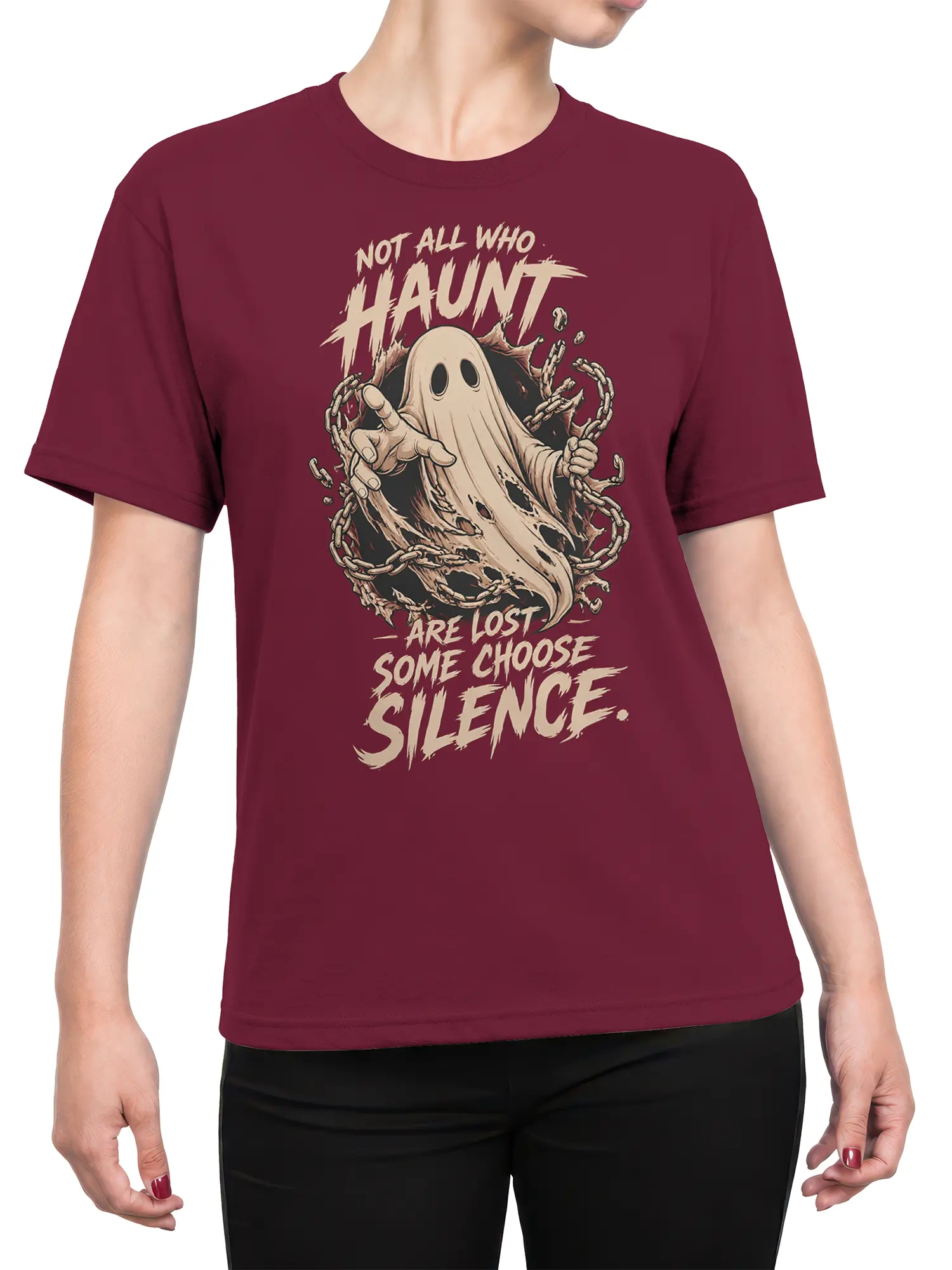 Female torso wearing a maroon ghost T-shirt with chains and a mysterious silence message