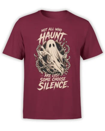 Maroon T-shirt with a chained pale ghost and distressed lettering about choosing silence