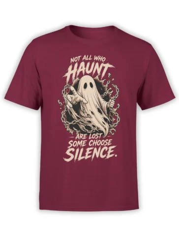 Maroon T-shirt with a chained pale ghost and distressed lettering about choosing silence