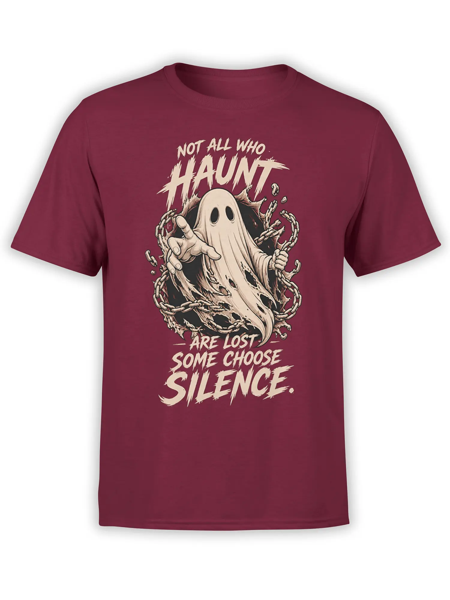 Maroon T-shirt with a chained pale ghost and distressed lettering about choosing silence