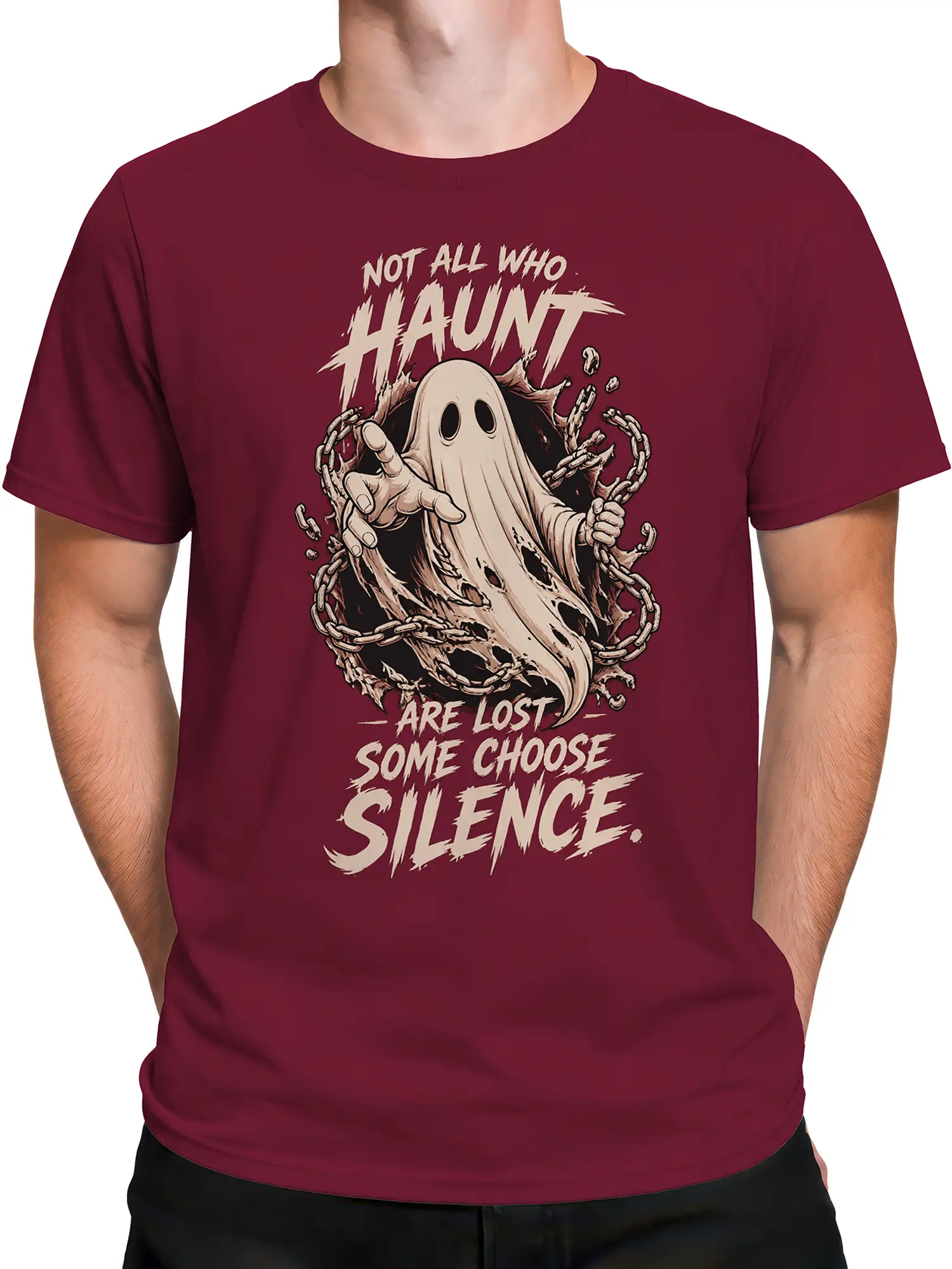 Male torso wearing a maroon chained ghost T-shirt with a spooky silence quote