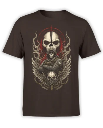 Brown T-shirt with a skull soldier, large skull emblem, wings, chains, and red markings
