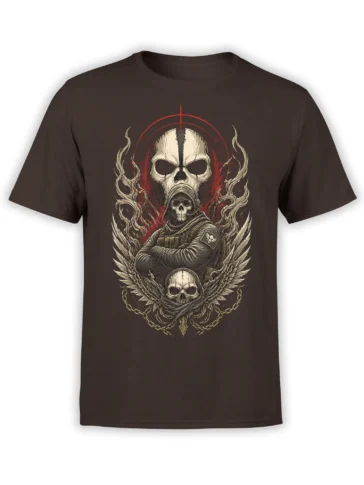 Brown T-shirt with a skull soldier, large skull emblem, wings, chains, and red markings