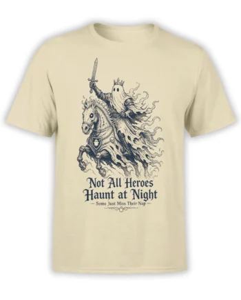Beige ghost knight t-shirt with a crowned spirit on horseback, raised sword, and humorous medieval nap slogan