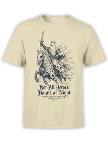 Beige ghost knight t-shirt with a crowned spirit on horseback, raised sword, and humorous medieval nap slogan