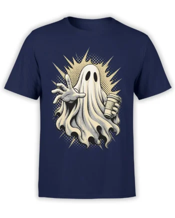 Vintage ghost holding a takeaway coffee cup on a navy ghost T-shirt with cream halftone artwork