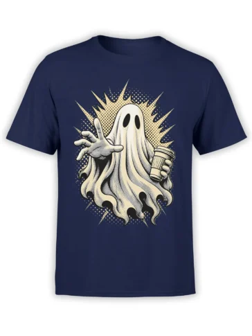 Vintage ghost holding a takeaway coffee cup on a navy ghost T-shirt with cream halftone artwork
