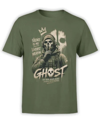 Olive green T-shirt with a crowned skull soldier, tactical gear, and bold silence lettering