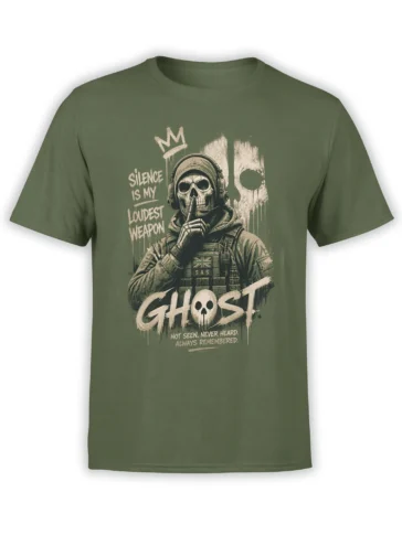Olive green T-shirt with a crowned skull soldier, tactical gear, and bold silence lettering