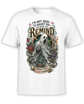 White ghost t-shirt featuring roses, candlelight, chains, and the phrase Mortal Today, Legend Tomorrow