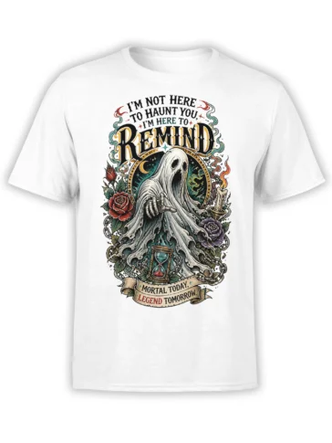 White ghost t-shirt featuring roses, candlelight, chains, and the phrase Mortal Today, Legend Tomorrow