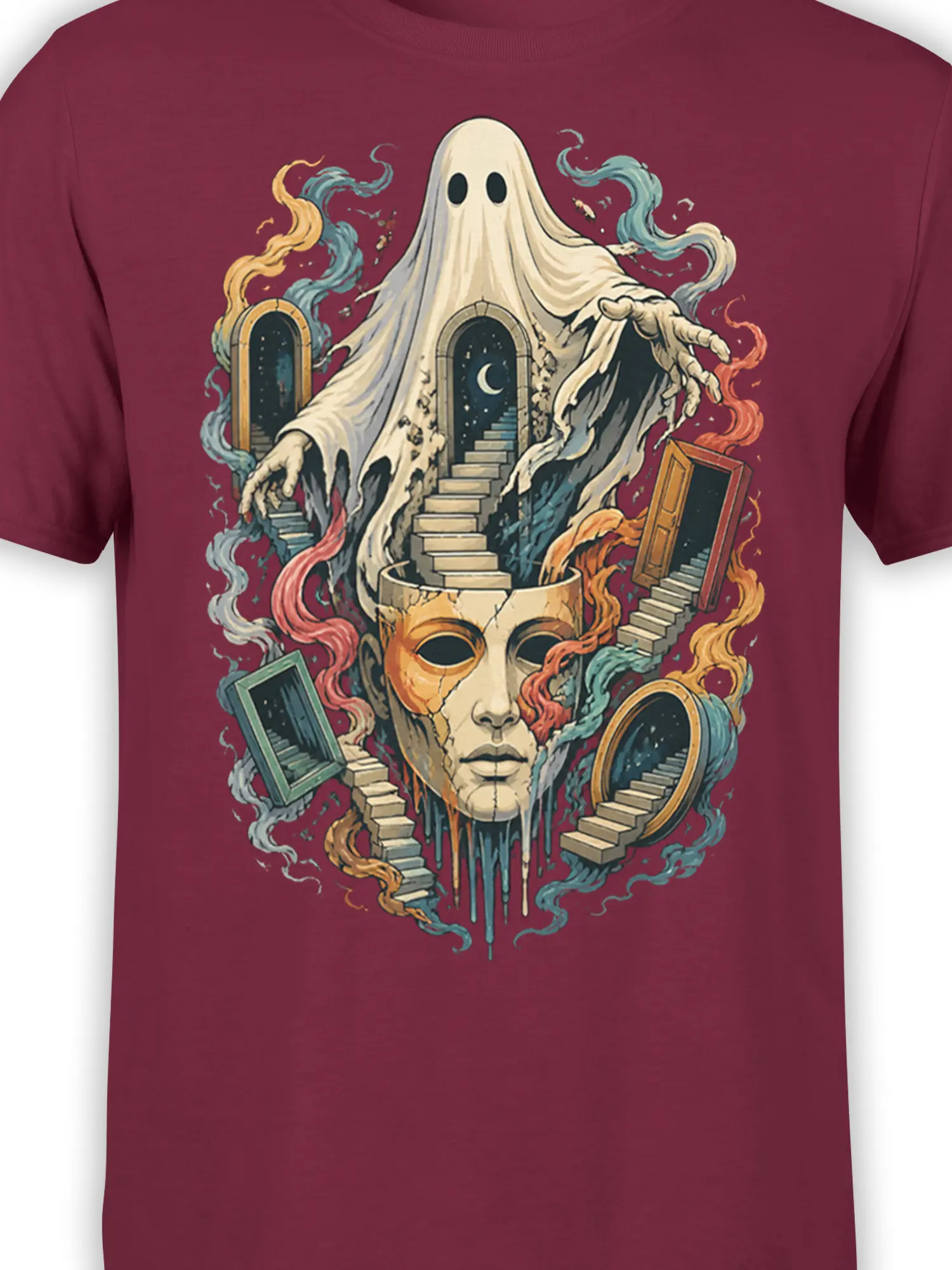 Close-up of the ghost, cracked face, moonlit doors, and colorful stairways printed on a burgundy T-shirt