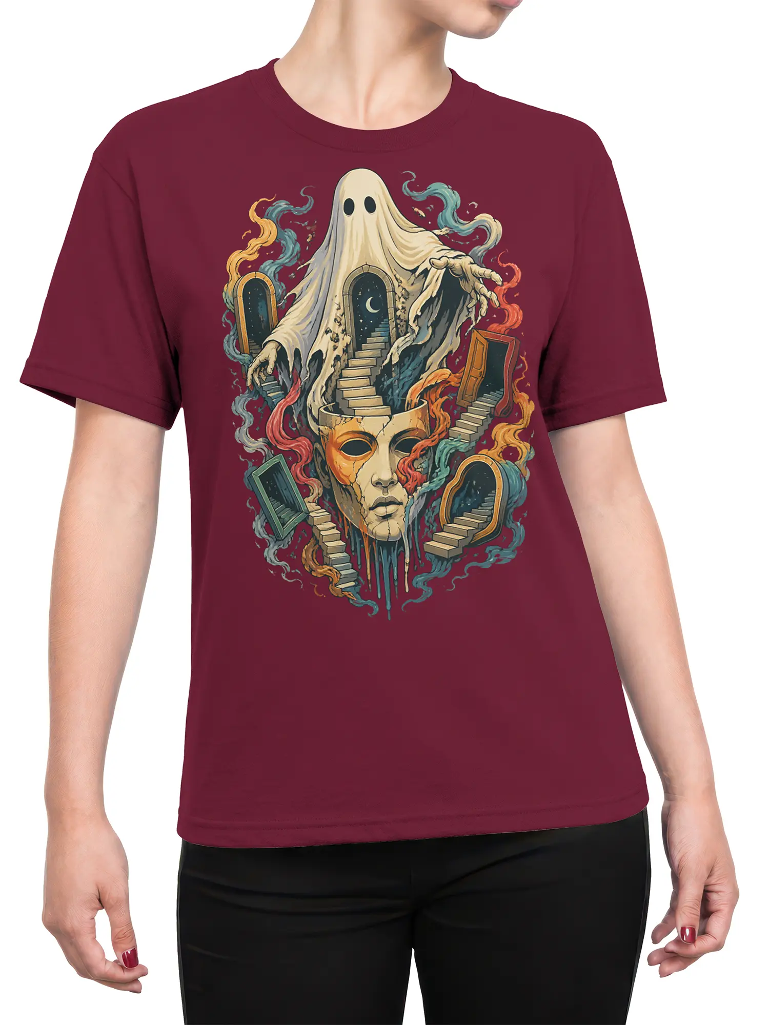 Female torso wearing a burgundy T-shirt with a surreal ghost, stairway, cracked face, and colorful smoke design