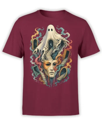 Surreal ghost and cracked classical face design with stairways and colorful smoke on a burgundy T-shirt