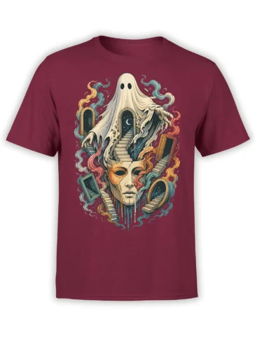Surreal ghost and cracked classical face design with stairways and colorful smoke on a burgundy T-shirt