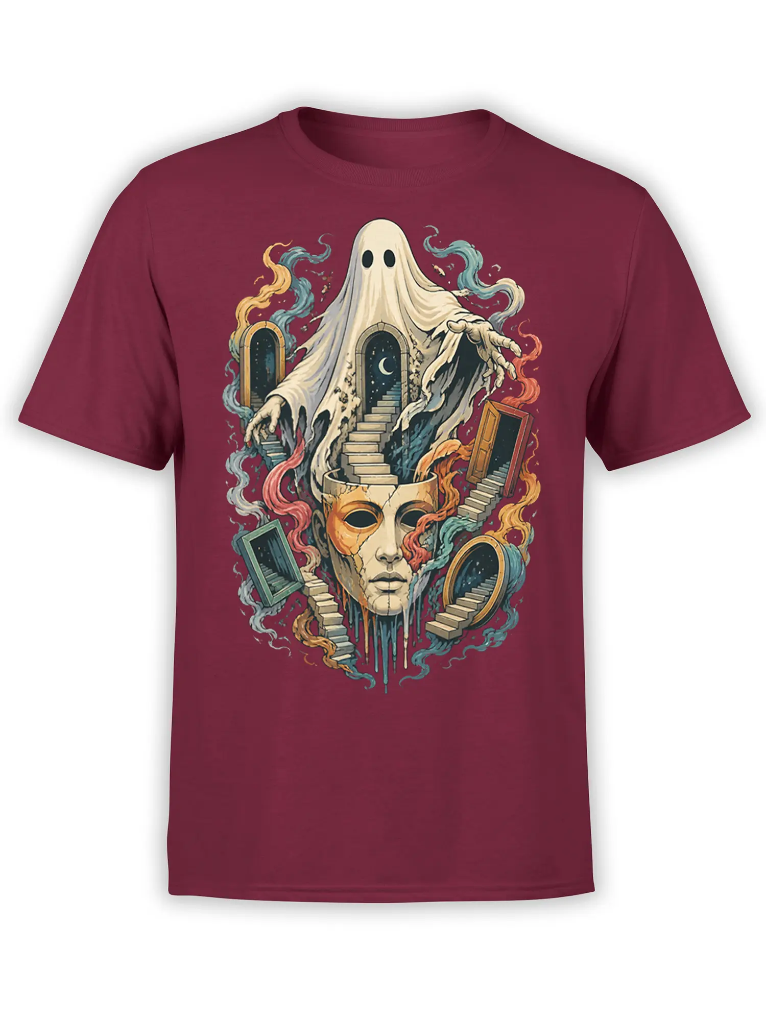Surreal ghost and cracked classical face design with stairways and colorful smoke on a burgundy T-shirt