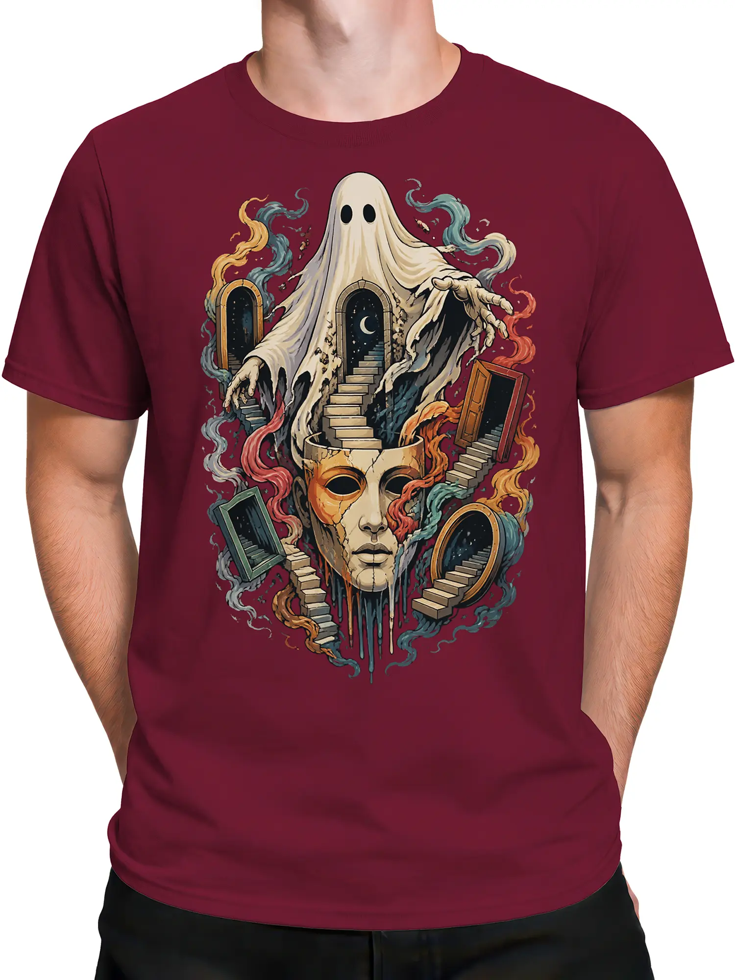 Male torso wearing a burgundy T-shirt with a surreal ghost and haunted stairway artwork